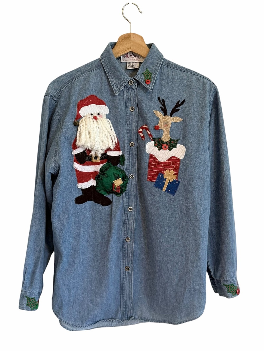 Vintage Rheas Fun Fashions Womens Denim Button Up Christmas Top Size S Santa